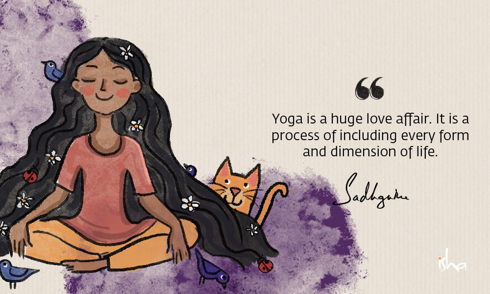 Relationship love quote from sadhguru combined with a painting of a girl sitting with eyes closed and animals surrounding her.