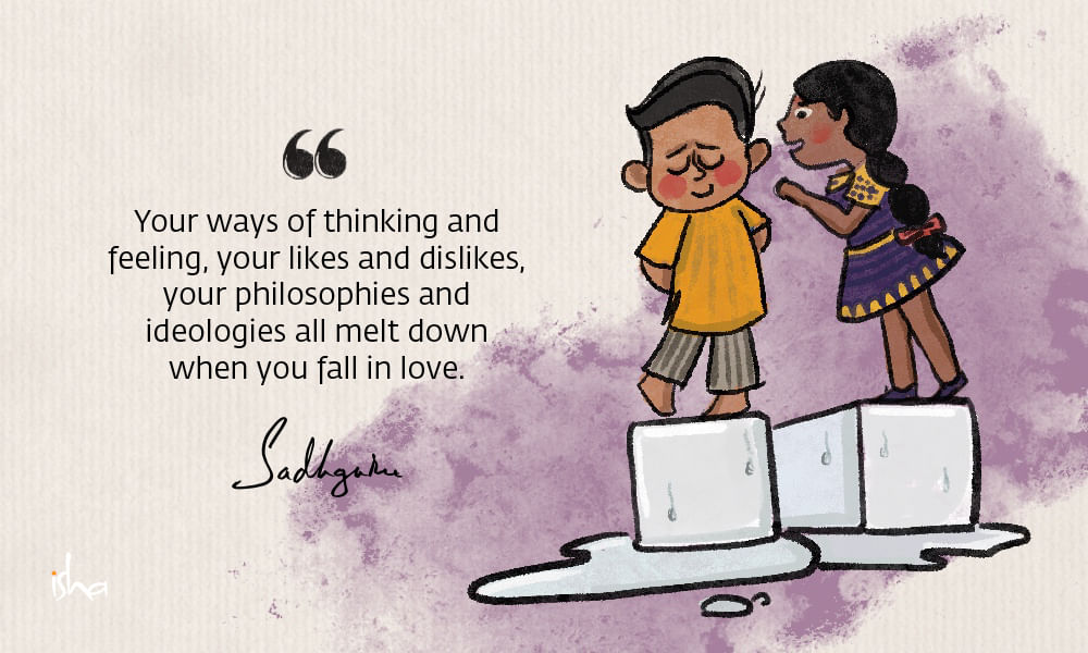 Relationship love quote from sadhguru combined with a painting of two children standing on melting ice cubes.