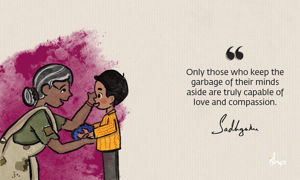 Relationship love quote from sadhguru combined with a painting of a child giving something to a beggar woman.