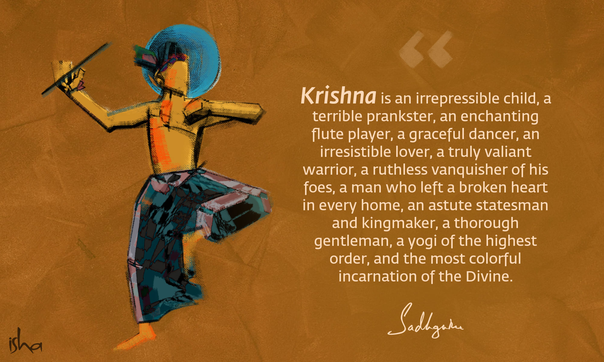 Krishna quote from Sadhguru with abstract Krishna holding a flute.