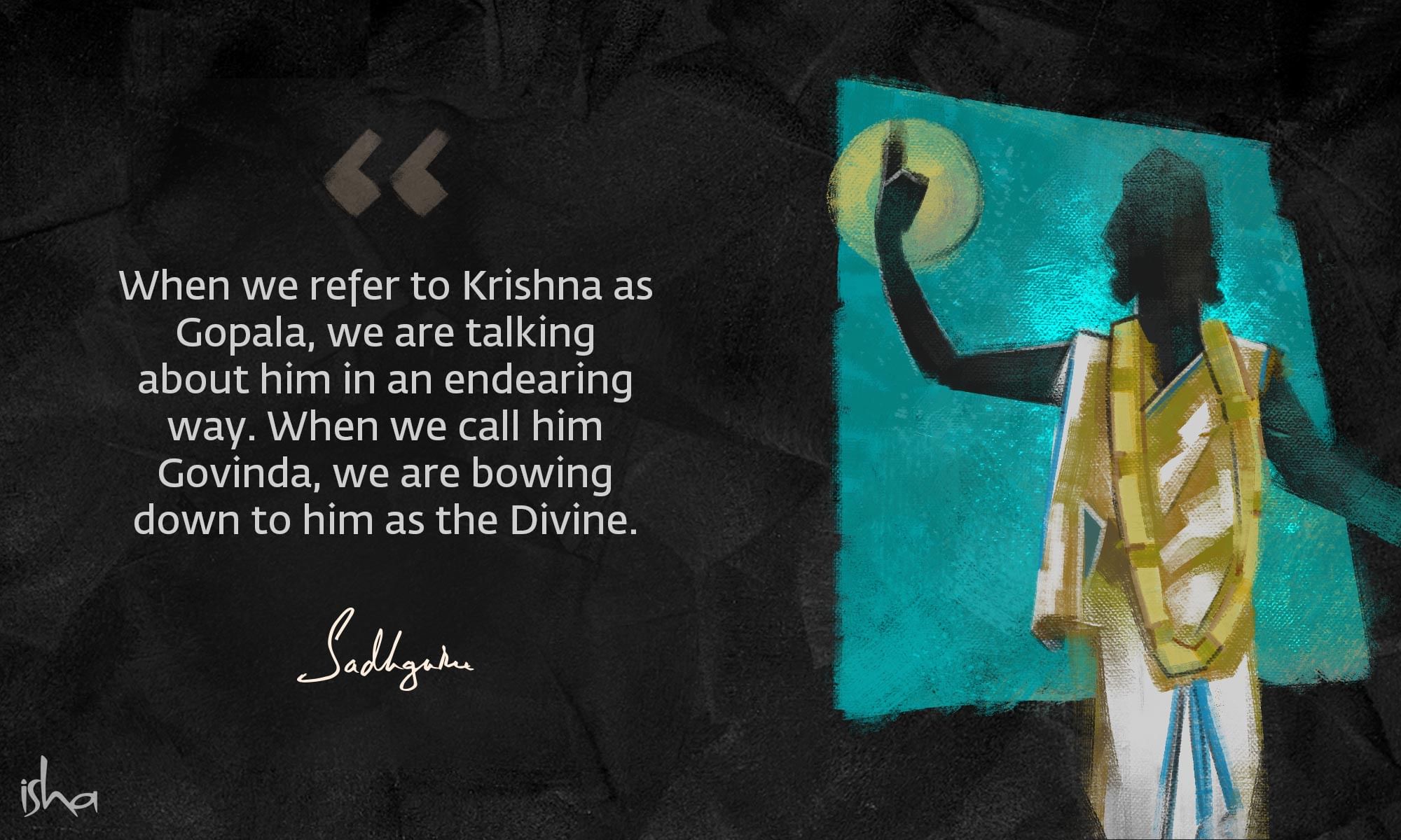 Krishna quote from Sadhguru with abstract Krishna standing. A halo is around his raised hand.