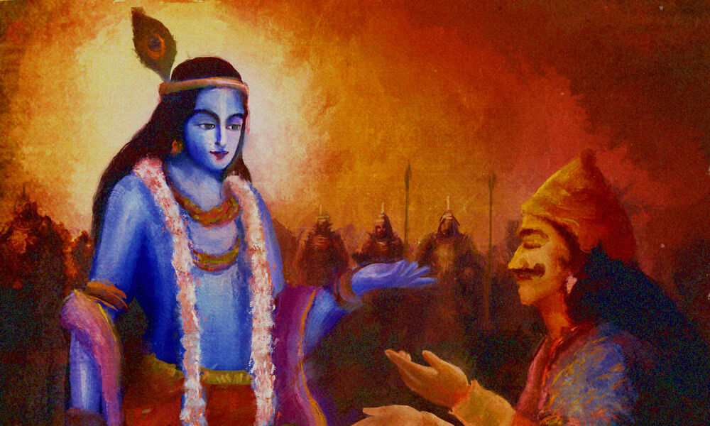Painting of Krishna teaching yoga to Arjuna on the battlefield.